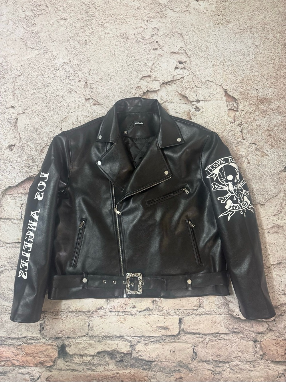 Balenciaga Black Leather Biker Jacket with White Skull Sleeve Graphics